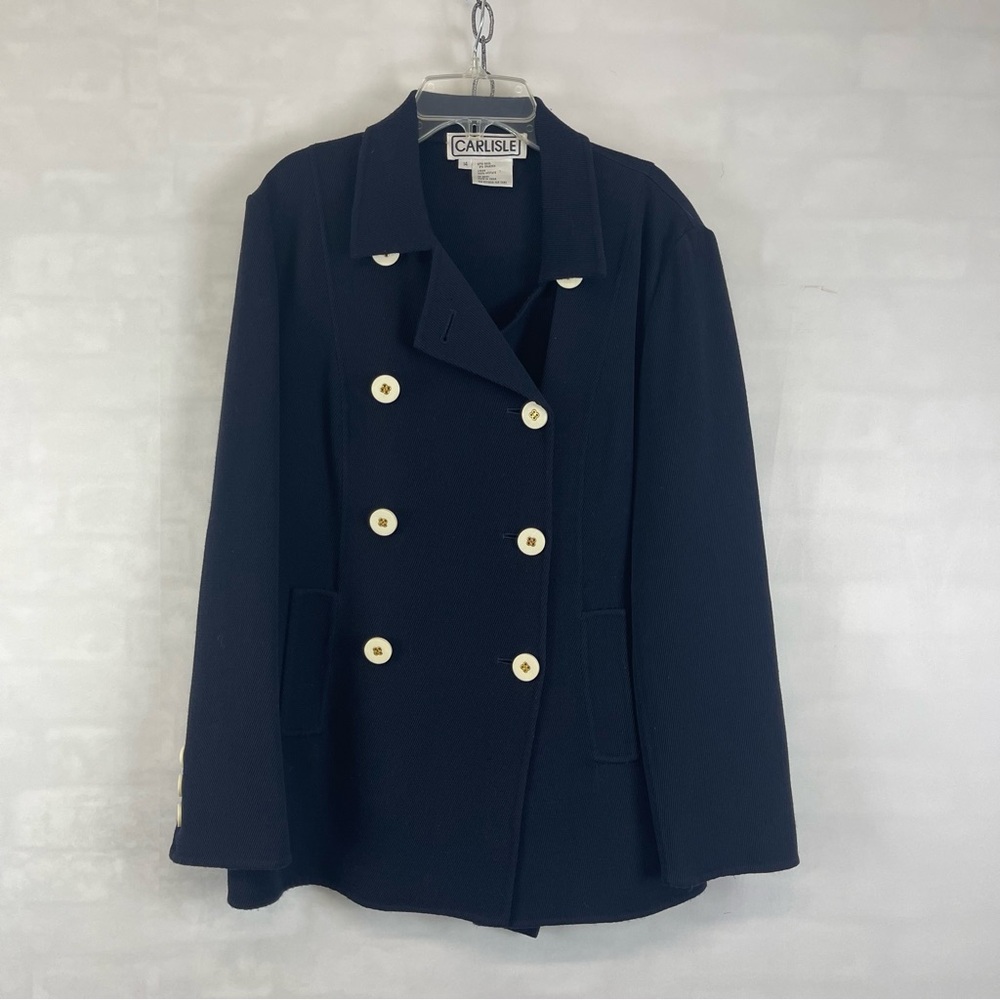 Carlisle Womens Double Breasted Wool Blazer Navy Blue Sz 14 Gold Buttons Vintage